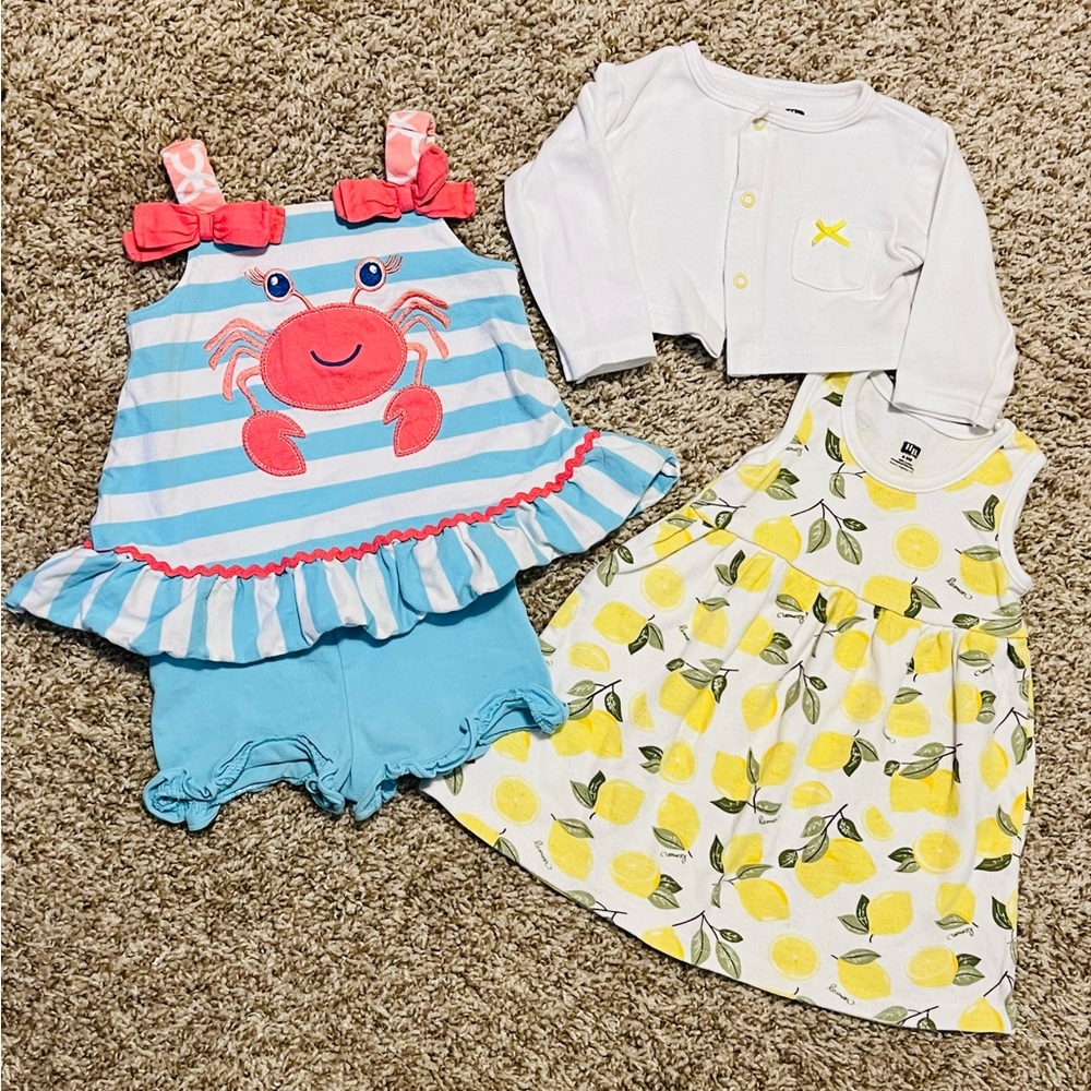 LN 100% cotton! Bundle 2 spring summer sets, ruffle set & lemon dress w cardigan